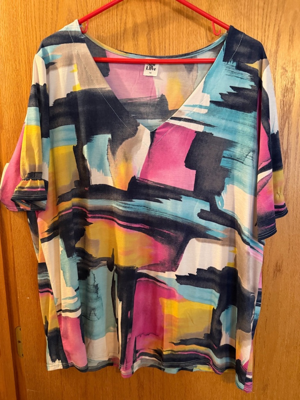 Sew In Love Multicolor Abstract V-Neck Short Sleeve Top